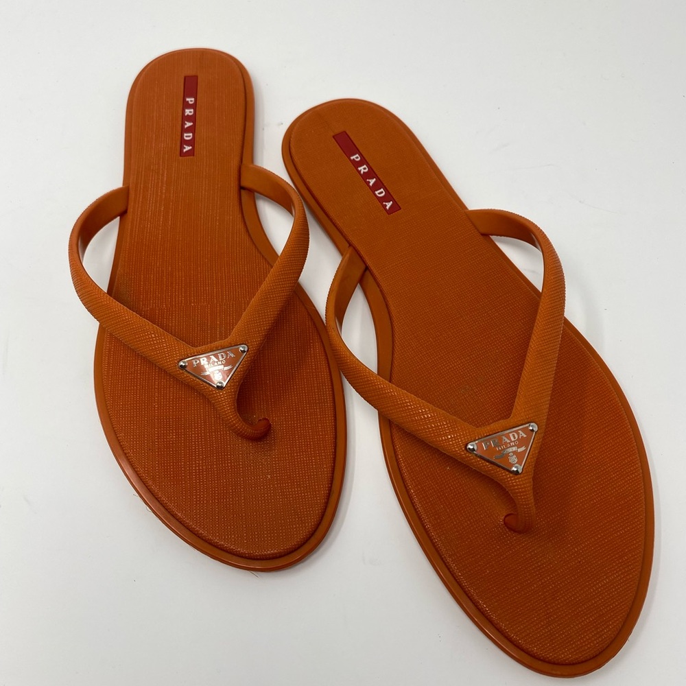 Prada Orange Logo Triangle Flip Flop Sandals